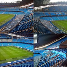 the inside of a stadium with blue seats and green grass on each side of it