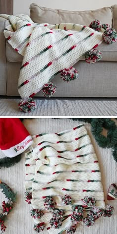 two pictures of a couch covered in christmas sweaters