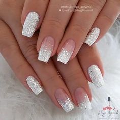 Nails for Wedding Bride—25 Nail Designs Every Bride Should Rock Silver Glitter Nails, Tapered Square Nails, White Glitter Nails, Ombre Nails Glitter, Silver Nail, Bride Nails, Nail Designs Glitter, Homecoming Nails