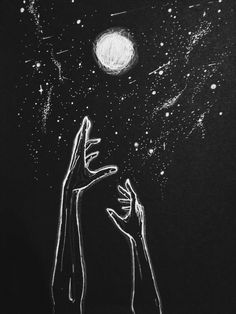 a black and white drawing of two hands reaching for the stars