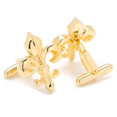 Classic and elegant: like the French design originals, these fleur-de-lis cufflinks will never go out of style. Crafted from polished gold plated metal, this set also features bullet backings for ease of dressing. Classic Gold Polished Finish Cufflinks, Classic Gold Cufflinks With Polished Finish, Gold Classic Cufflinks With Polished Finish, Presidential Seal, Bar Studs, Gold Cufflinks, Cufflinks Wedding, Stud Set, Silver Cufflinks