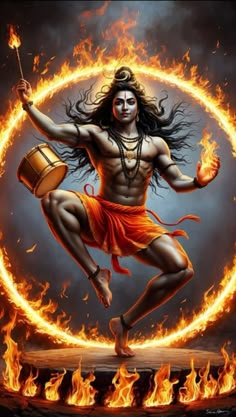 the hindu god is dancing in front of fire with his arms and legs spread out