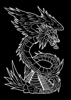 a black and white drawing of a dragon