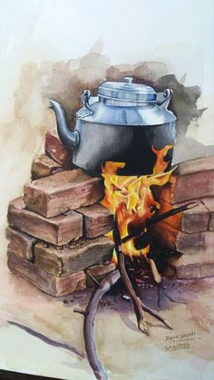 a painting of a pot on fire next to bricks and a stick in the ground