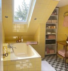 a bathroom with yellow walls and tiled flooring, an open window above the bathtub