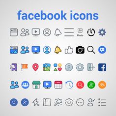 a bunch of different social icons on a white background with the words facebook icons above them