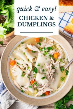 a bowl of chicken and dumplings soup with bread on the side next to it