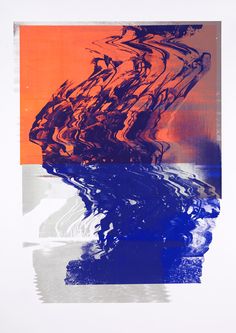 an orange and blue abstract painting with water in the foreground, on a white background