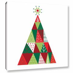 a christmas tree with red, green and white ornaments on it's top is featured in this holiday card design