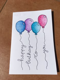 a card with three balloons and the words happy birthday written on it