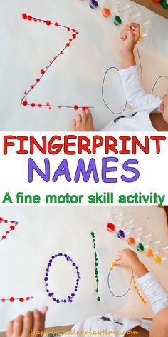 two children making fingerprint names on a sheet of paper with the title fingerprint names