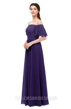 a woman wearing an off the shoulder purple dress