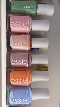 My fav nail polishes colour for summer Aesthetic Nail Paint Colours, Nail Polish Set Gift, Aesthetic Nail Polish Colors, Nail Polish Bottles Aesthetic, Nail Polish Aesthetic, Aesthetic Nail Polish, Essie Nail Polish Colors, Skincare Summer, Nail Polish Colours