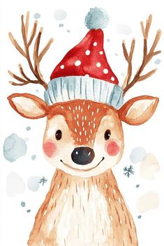 a watercolor painting of a deer wearing a red and white hat with snowflakes