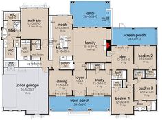 the floor plan for a house with two car garages and an attached pool area