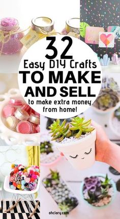 the words 32 easy diy crafts to make and sell are shown above photos of succulents