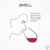 a woman drinking from a wine glass with the words smell on it, and an image of