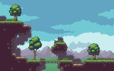 an image of a video game scene with trees and mountains in the background, as well as a bridge