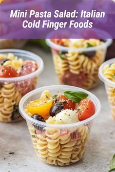 Mini bowls of pasta salad with fresh ingredients, served cold, making them ideal Italian finger foods for summer garden parties. Mini Italian Appetizers, Finger Foods Easy Party Cold, Mini Pasta Salad Cups, Individual Pasta Cups, Cold Italian Appetizers For Party, Italian Finger Food Appetizers, Mini Salads In A Cup, Mini Cup Appetizers