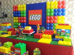 a lego themed birthday party with balloons and toys