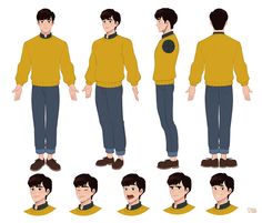 an animation character's body and head in various poses, including the man wearing a yellow sweater