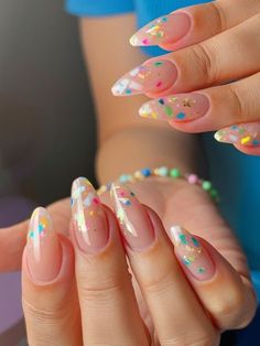 Almond Nails Fun, Pastel French Tips, Birthday Nail Ideas, Pink Almond Nails, Fun Manicure, 25 Birthday, Birthday Nail, Palm Mehndi Design, Nails Fun