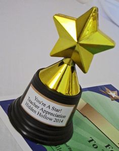 a golden star trophy sitting on top of a table next to an award card and other items