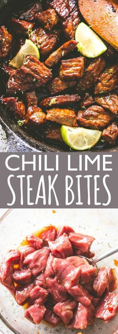 steak bites are being cooked in a cast iron skillet with the words chilli lime steak bites