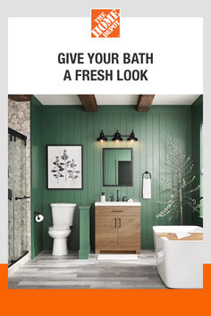 a bathroom with green walls and white fixtures, the words give your bath a fresh look