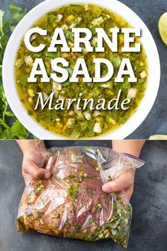 two pictures with the words carne asada marinade in front of it and someone holding a bag of fish