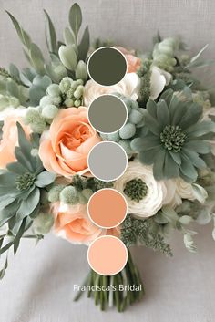 a bridal bouquet with peach and green flowers, succulents and greenery