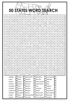 the 50 states word search is shown in black and white