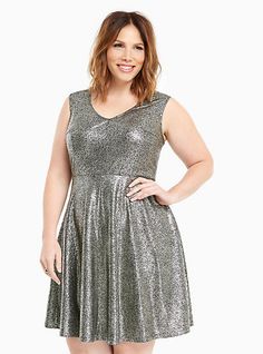 Metallic Foil Skater DressMetallic Foil Skater Dress, GOLD Outfits For Plus Size Women, Cheap Dresses Casual, Figure Fashion, Lace Dress With Sleeves, Skater Style, Torrid Dresses, Metallic Foil, Dresses Outfits, Womens Dress