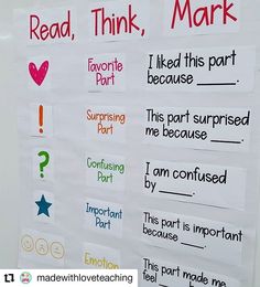 a whiteboard with words and pictures on it that say read, think, mark