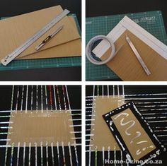 four pictures showing how to make a diy photo frame with tape and scissors on it