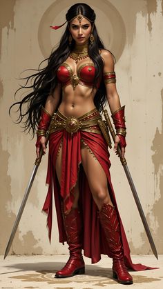 a woman dressed as a warrior with two swords in her hand and wearing red clothing