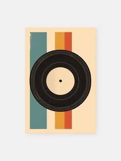 a record on a striped background with an orange, yellow and blue stripe around it