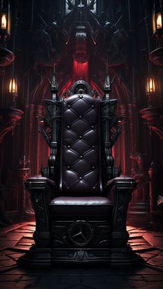 a throne sitting in the middle of a room with red light coming from its windows