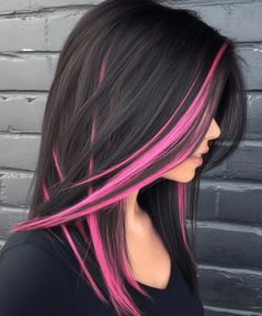 Dark Hair With Red And Blonde Highlights, Black And Hot Pink Hair, Black And Pink Hair, Pink Hair Extensions, Highlights Subtle, Exotic Hair Color, Pink Hair Ideas, Witchy Hair, Pink Waves