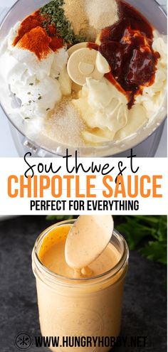 the ingredients to make chipotle sauce are shown in this collage with text overlay