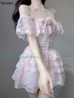 Trendy Fashion Sweet Pink Princess Dress Women Kawaii Lace Ruffles Flying Sleeve Flower Dress, Women's Dresses Princesscore Cottagecore, Fairy Princess Dress, Pastel Floral Dress, Aesthetic Soft Girl, Soft Girl Style, Pink Princess Dress, Coquette Outfit, Pastel Dress, Clothing Pieces