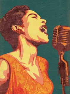 a painting of a woman singing into a microphone