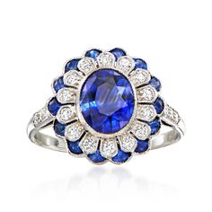 Ross-Simons - C. 1990 Vintage 2.10ct t. w. Sapphire, .50ct t. w. Diamond Floral Ring Oval Cut Size 7. C. 1990. The deep blue hues of this floral ring from our Estate collection will bring a calm sophistication to your ensemble. A central 1.70 carat oval sapphire is haloed by dazzling petals of .50 ct. t. w. round brilliant-cut diamonds. A second halo of .40 ct. t. w. kite-shaped sapphires adds another dimension of oceanic shimmer. Crafted in 18kt white gold with milgrain details. 1/2" wide. Diam Jewelry Presentation, Sapphire Birthstone, Antique Jewelry Rings, Another Dimension, Vintage Sapphire, Floral Ring, Sapphire Stone, Gem Stone, Sapphire Diamond