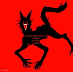 a red background with an image of a demon on it's face and the words let's craves it from the valley, no fault, no messs no guilt