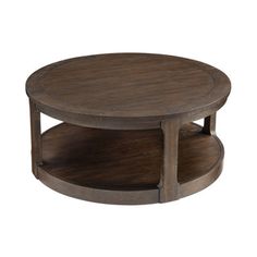 a round wooden table with two shelves on each side