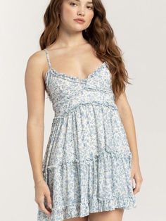 B. Smart Blue floral mini dress with adjustable straps   #floraldress Mini Vacation Dress, Casual Babydoll Dress, Cute Flowy Hoco Dresses, Delicate Summer Outfit, Short Summer Dresses Aesthetic, Sundress Outfit Inspiration, Cute Sundresses Short, Graduation Party Dresses Guest, Dresses For School Casual