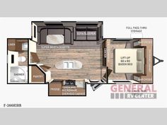 the floor plan for a travel trailer that is equipped with two beds and one living area