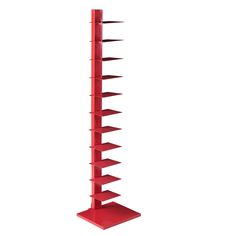 a tall red shelf with spikes on the top and bottom shelves, against a white background