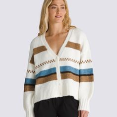 Bring out your dad style in the Valerie Stripe Cardigan, a loose fit, V-neck cardigan sweater with a button-down front and jacquard stripes. 64% Acrylic, 33% Nylon, 3% Spandex fabric V neck cardigan Jacquard stripes | Vans Valerie Stripe Cardigan Womens Small