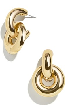 Interlocking hoops maximize the modern appeal of these bold silvertone statement earrings. 1 1/2" drop; 1" width Post back Silvertone plate or silvertone plate/glass Imported Large Gold Earrings, Bold Statement Jewelry, Chic Sneakers, Chunky Earrings, Earring Trends, Bold Earrings, Bold Jewelry, Gold Statement Earrings, Business Casual Outfits For Work